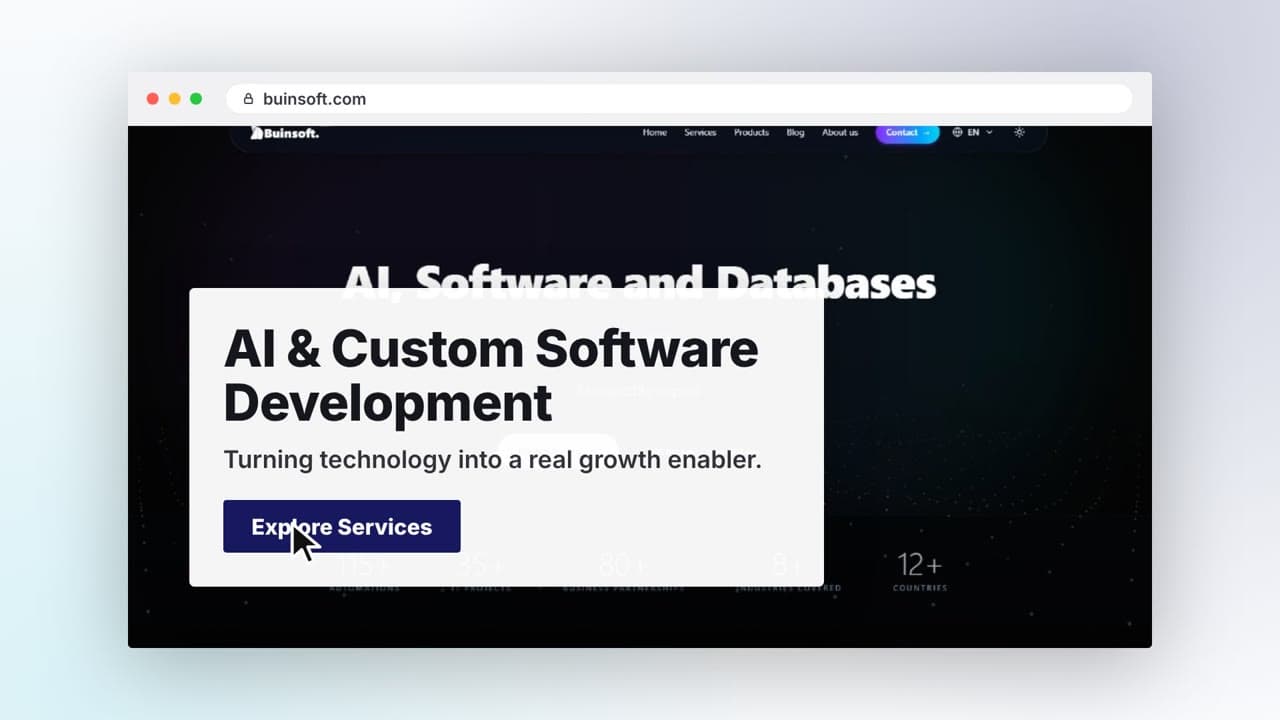 A frame from a website video: buinsoft.com in a browser window with its own headline and button